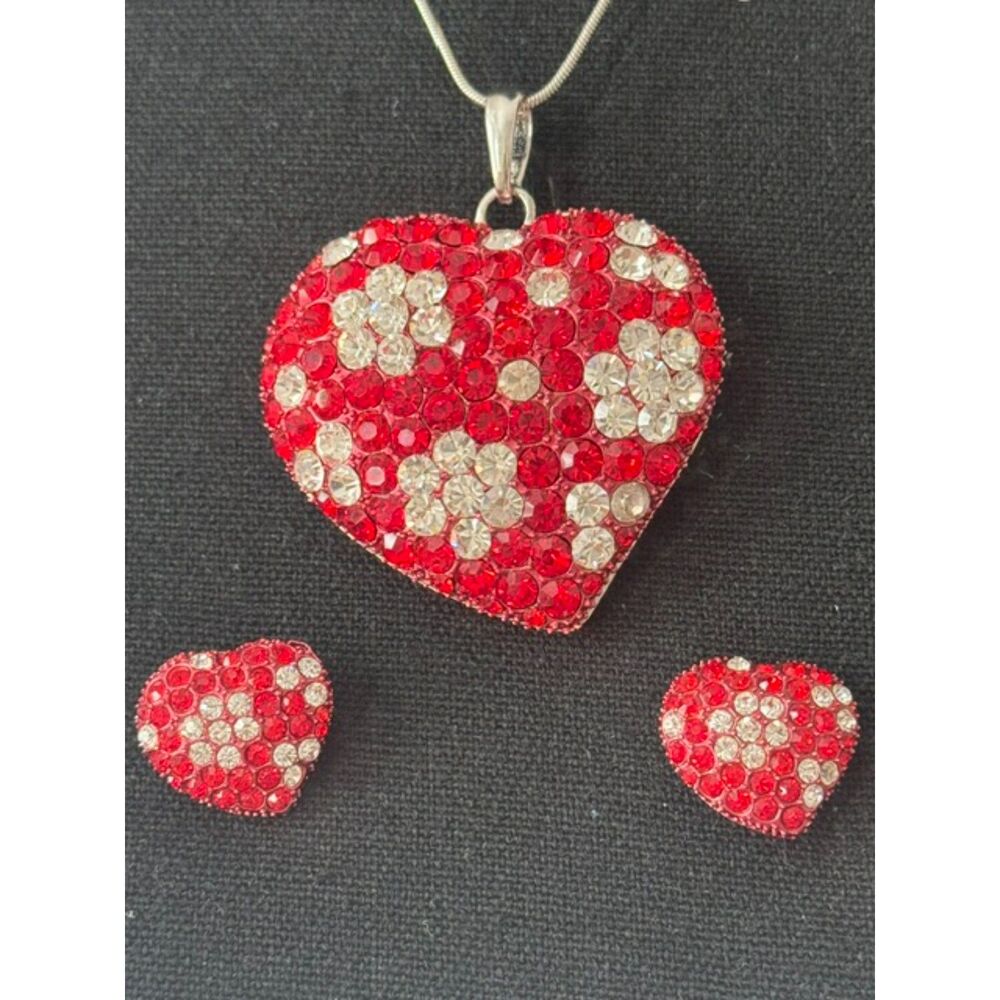 Signed Kirk's Folly Crystal puffy heart pendant and earrings, Red/Clear